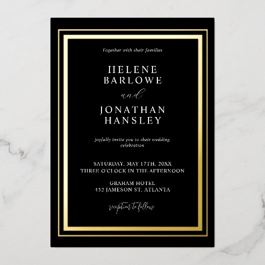 Minimalistische moderne Schwarz-Gold-Hochzeit Folieneinladung (Vorderseite)