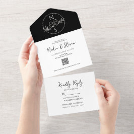 Minimalistische moderne Schwarz-Weiß-Hochzeit All In One Einladung