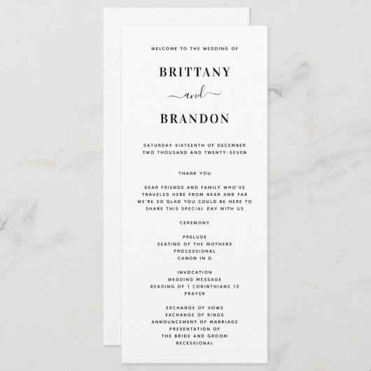 Minimalistische moderne Schwarz-Weiß-Hochzeit Programm (Vorne/Hinten)