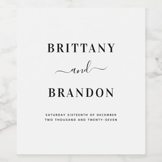 Minimalistische moderne Schwarz-Weiß-Hochzeit Weinetikett (Einzelnes Label)