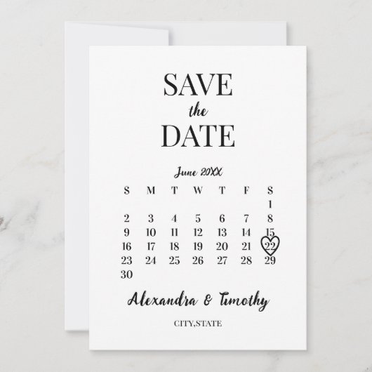 Minimalistische moderne Schwarz-Weiß-Kalender-Hoch Save The Date (Vorderseite)