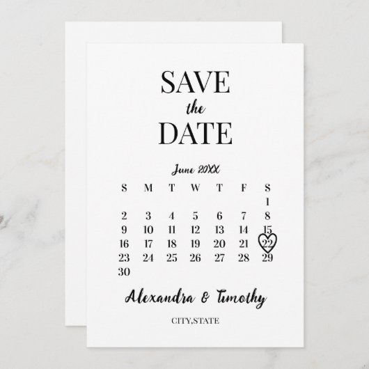 Minimalistische moderne Schwarz-Weiß-Kalender-Hoch Save The Date (Vorne/Hinten)