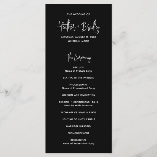 Minimalistische moderne schwarze Hochzeit Programm (Vorderseite)