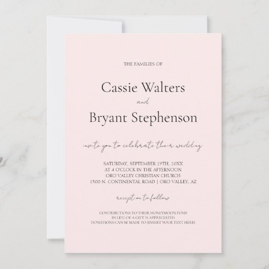 Minimalistische moderne Script Chic Blush Pink Hoc Einladung (Vorderseite)