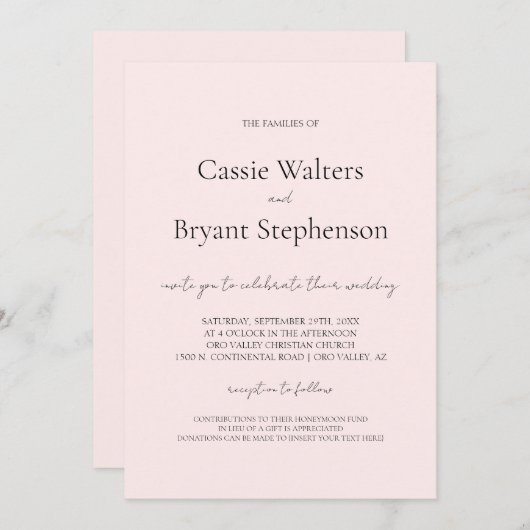 Minimalistische moderne Script Chic Blush Pink Hoc Einladung (Vorne/Hinten)