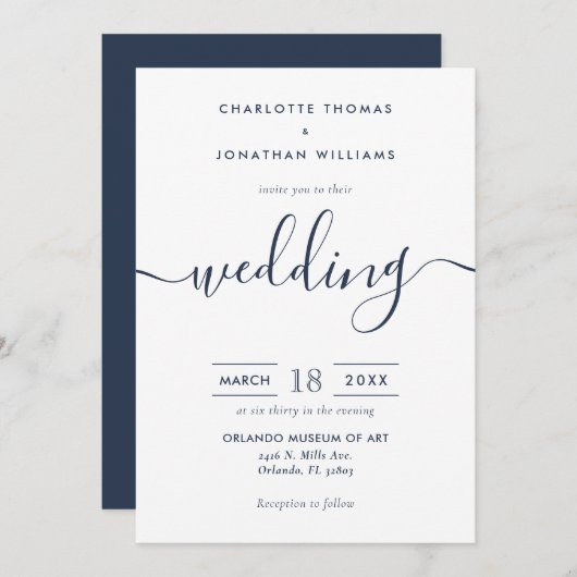 Minimalistische moderne Script Navy Blue Wedding Einladung (Vorne/Hinten)