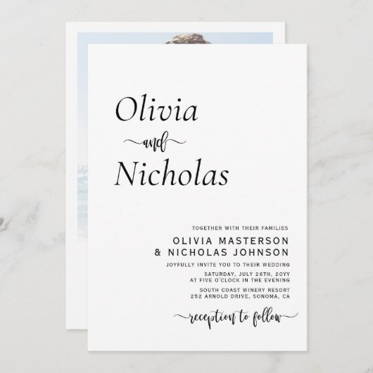 Minimalistische moderne Script QR Code Foto Hochze Einladung (Vorne/Hinten)