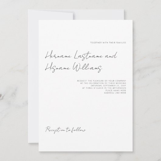 Minimalistische, moderne Script White Wedding Einladung (Vorderseite)