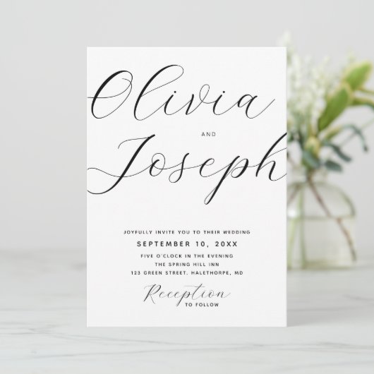 Minimalistische moderne Skripthochzeit. Sauberes F Einladung (Stehend Vorderseite)