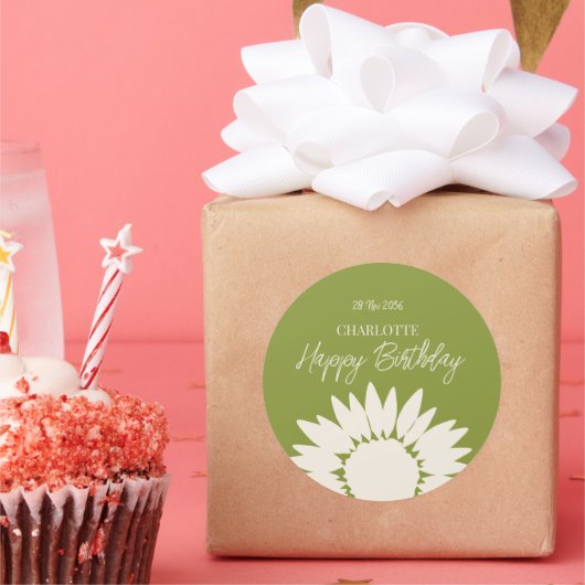 Minimalistische moderne Sonnenblume Custom Happy B Runder Aufkleber (Party)