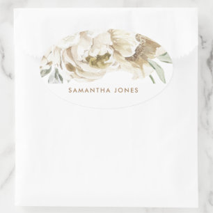 Minimalistische Moderne Weiße Pfingstrose Florale  Ovaler Aufkleber