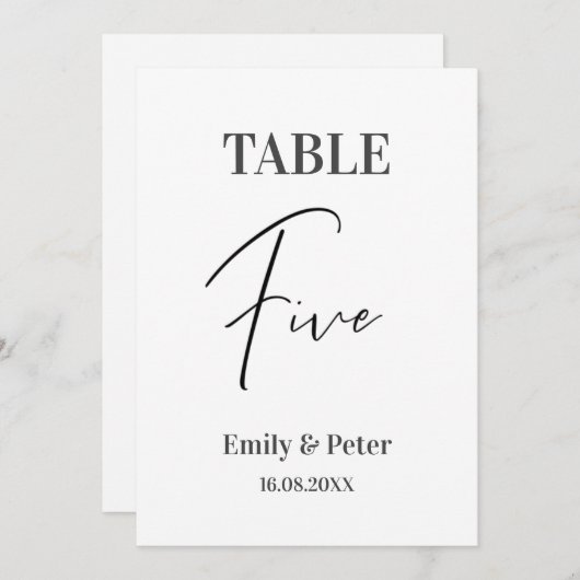 Minimalistische, moderne Weiße WEDD FÜNF Tischnumm Dankeskarte (Vorne/Hinten)