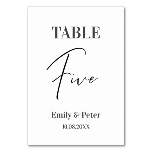 Minimalistische, moderne White WEDD Party Number 5 Tischnummer (Vorderseite)