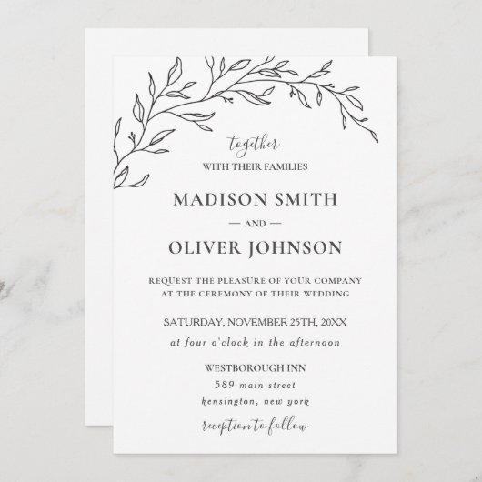 Minimalistische Monchrome Laurel Branch Leafy Hoch Einladung (Vorne/Hinten)