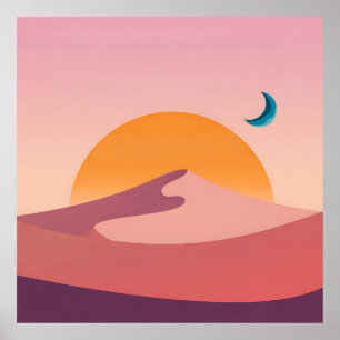 Minimalistische Mondlandschaft der Wüsten-Sonnenun Poster