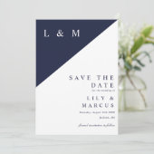 Minimalistische Mongram-Hochzeit in Navy Blue Eleg Save The Date (Stehend Vorderseite)