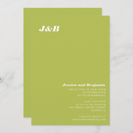 Minimalistische Mongram Limone Chartreuse-Hochzeit Einladung (Vorne/Hinten)