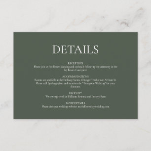 Minimalistische Mongram Moss Green Wedding Details Begleitkarte