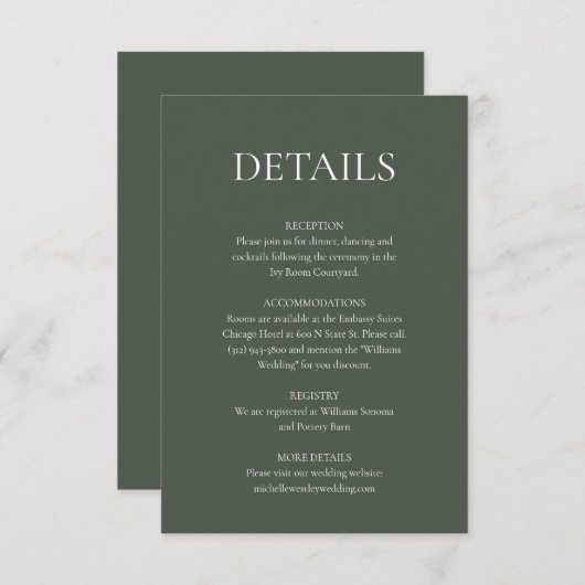 Minimalistische Mongram Moss Green Wedding Details Begleitkarte (Vorne/Hinten)