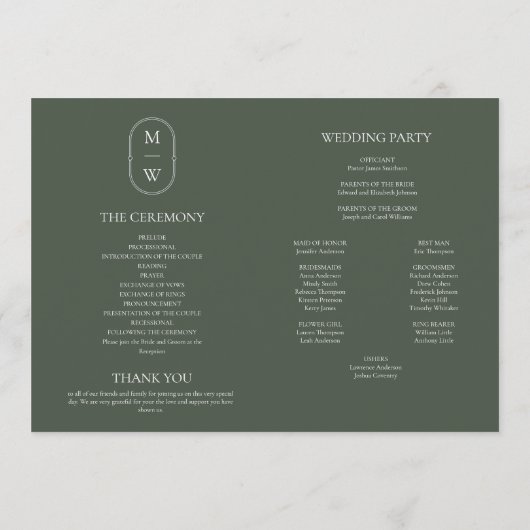 Minimalistische Mongram Moss Green Wedeline Programm (Rückseite)