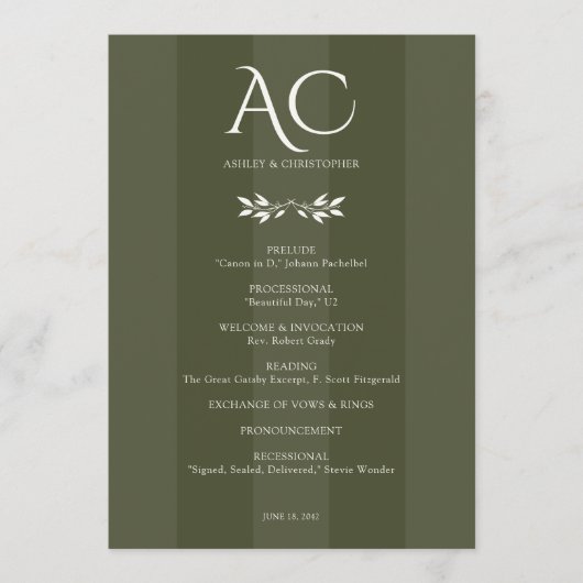 Minimalistische Mongram Striped Olive Green Weddin Programm (Vorderseite)