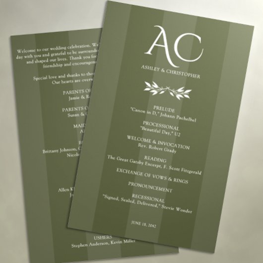 Minimalistische Mongram Striped Olive Green Weddin Programm