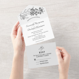 Minimalistische Monochrome Border Berry Leaf Weddi All In One Einladung