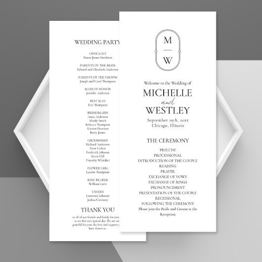 Minimalistische Monogram Black & White Wedding Programm