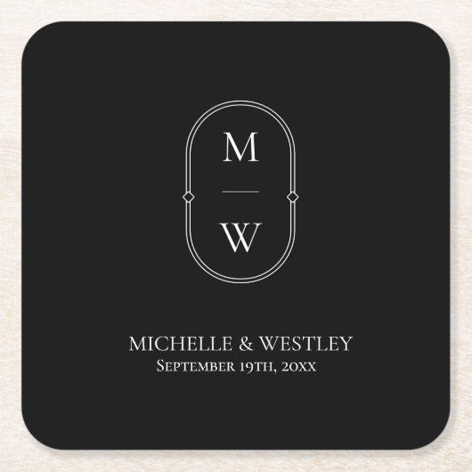 Minimalistische Monogram Black & White Wedding Rechteckiger Pappuntersetzer (Vorderseite)