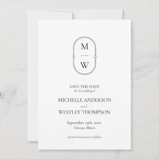 Minimalistische Monogram Black & White Wedding Save The Date (Vorderseite)