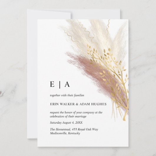 Minimalistische Monogram Boho Pink Gold Pampas Gra Einladung (Vorderseite)