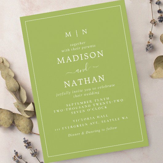 Minimalistische Monogram Bright Green Wedding Einladung