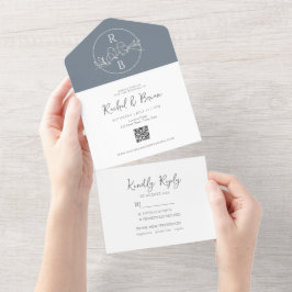 Minimalistische Monogram Dusty Blue Wedding All In One Einladung