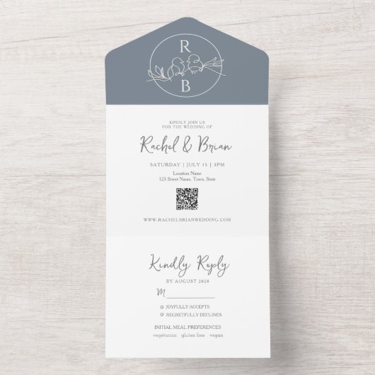 Minimalistische Monogram Dusty Blue Wedding All In One Einladung (Innen Boden)