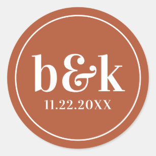 Minimalistische Monogram-Initials Terracotta Weddi Runder Aufkleber