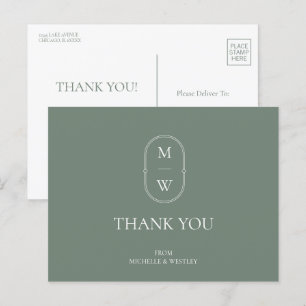 Minimalistische Monogram Sage Green Wedding Danke Postkarte