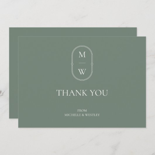 Minimalistische Monogram Sage Green Wedding Dankeskarte (Vorne/Hinten)