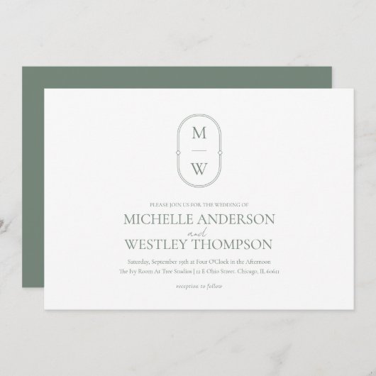 Minimalistische Monogram Sage Green Wedding Einladung (Vorne/Hinten)