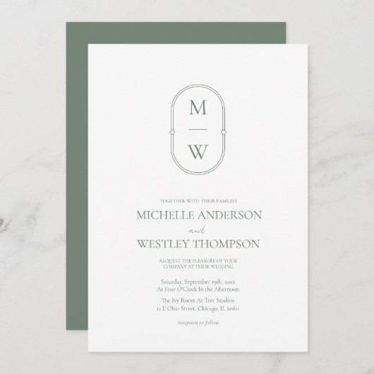 Minimalistische Monogram Sage Green Wedding Einladung (Vorne/Hinten)