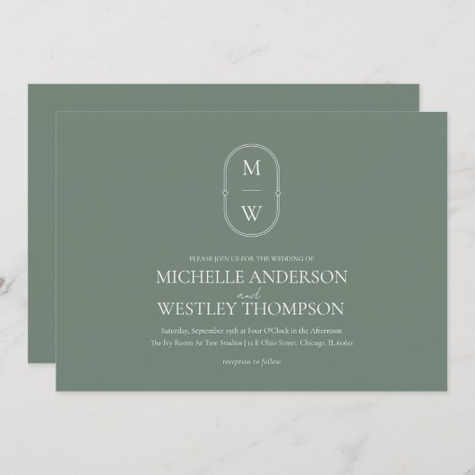 Minimalistische Monogram Sage Green Wedding Einladung (Vorne/Hinten)
