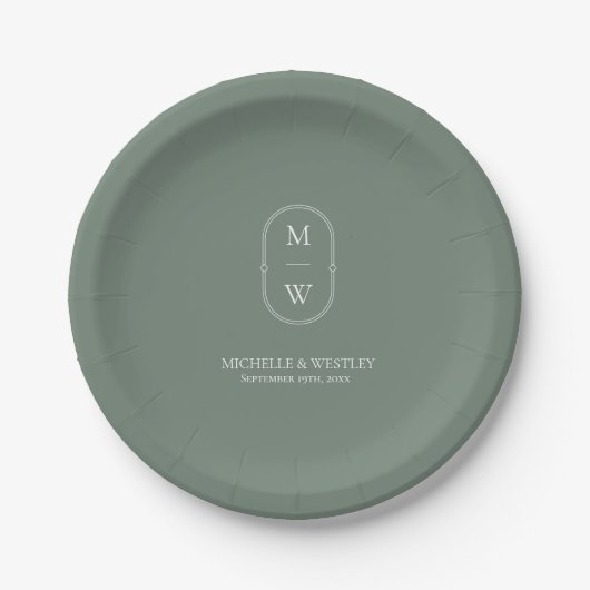 Minimalistische Monogram Sage Green Wedding Pappteller (Vorderseite)