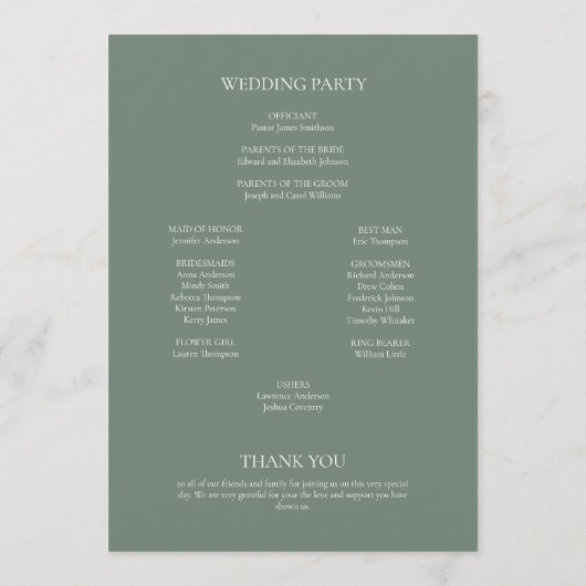 Minimalistische Monogram Sage Green Wedding Programm (Rückseite)