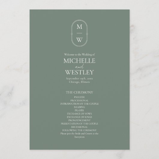 Minimalistische Monogram Sage Green Wedding Programm (Vorderseite)