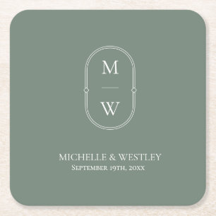 Minimalistische Monogram Sage Green Wedding Rechteckiger Pappuntersetzer