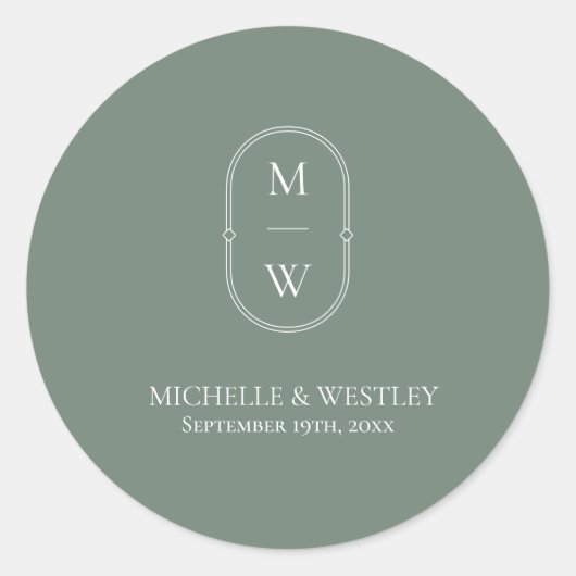 Minimalistische Monogram Sage Green Wedding Runder Aufkleber (Vorderseite)