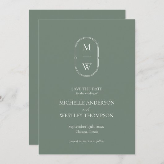 Minimalistische Monogram Sage Green Wedding Save The Date (Vorne/Hinten)