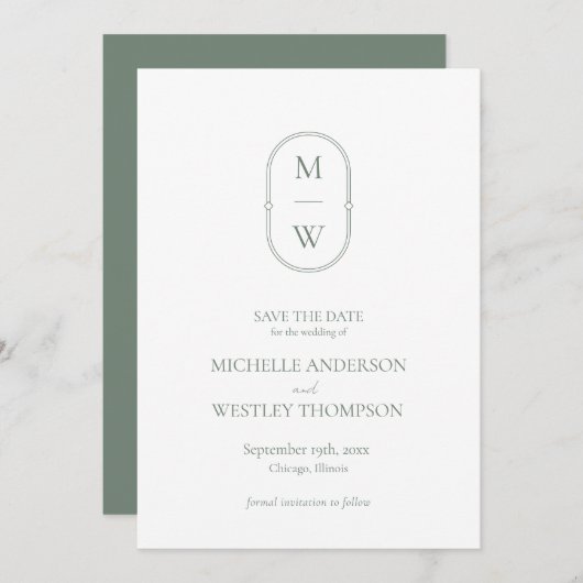 Minimalistische Monogram Sage Green Wedding Save The Date (Vorne/Hinten)