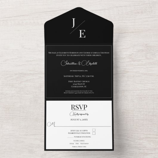 Minimalistische Monogramm-Hochzeit | Schwarz All In One Einladung (Innen Boden)