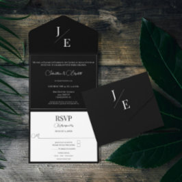 Minimalistische Monogramm-Hochzeit | Schwarz All In One Einladung