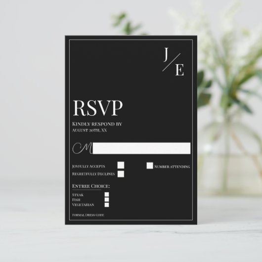 Minimalistische Monogramm-Hochzeit | Schwarz RSVP Karte (Stehend Vorderseite)